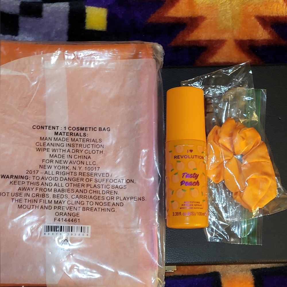 Avon Orange Jelly Cool Makeup Bag Revolution Peace Face Spray Orange Scrunchie